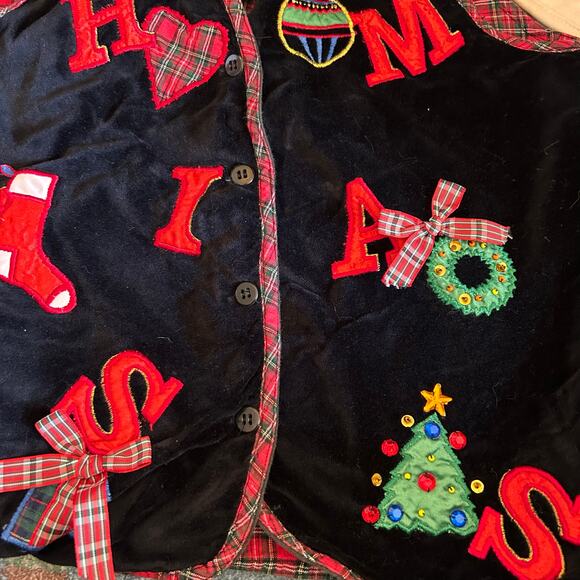 Vtg 90s Black Red Velvet Christmas Vest Womens Medium Plaid Embroidered Textured - Picture 2 of 6